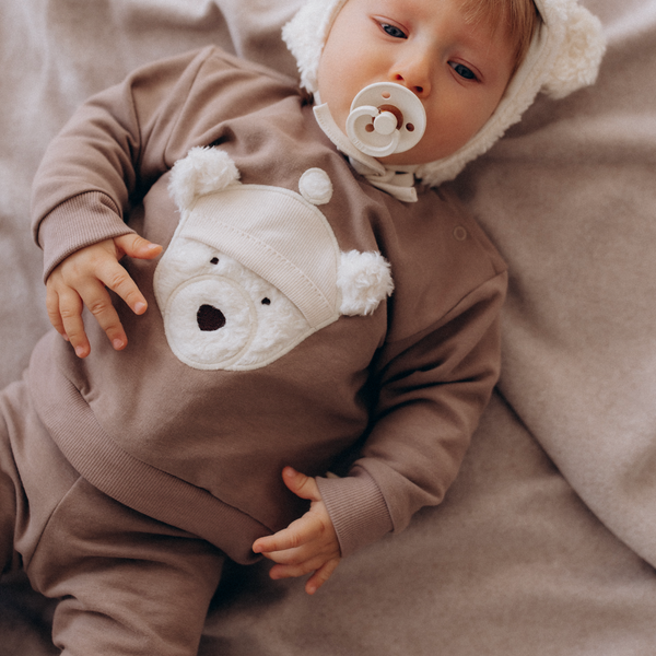 Felpa baby in cotone organico con orsetto 3D- taupe