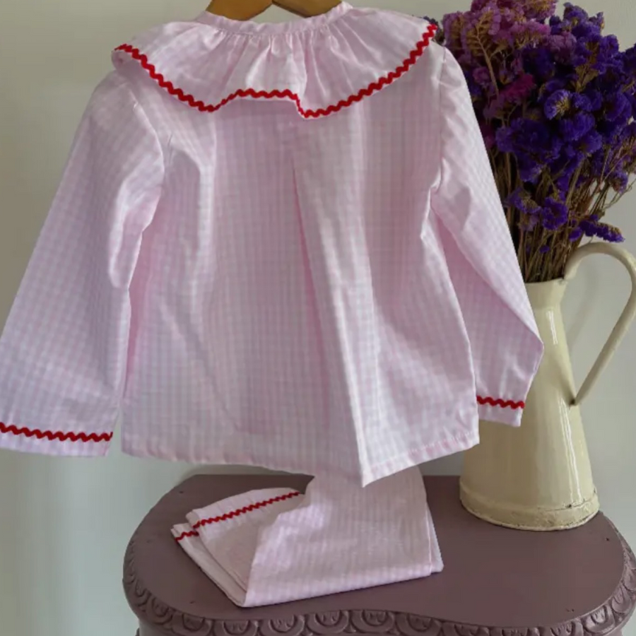 Set stile pigiama in vichy rosa- ricamo cuore sulla tasca