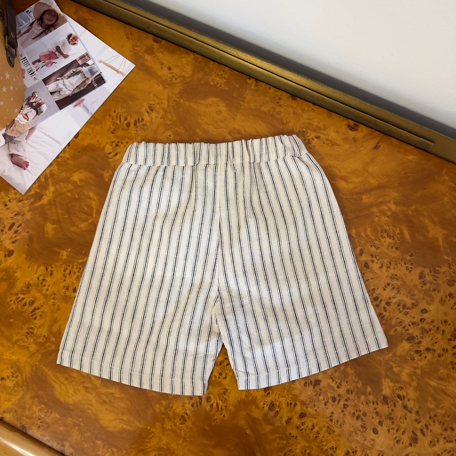 Pantaloncino in misto cotone e lino avorio con righe antracite