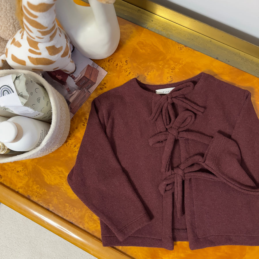 Cardigan in caldo cotone borgogna con fiocchi frontali
