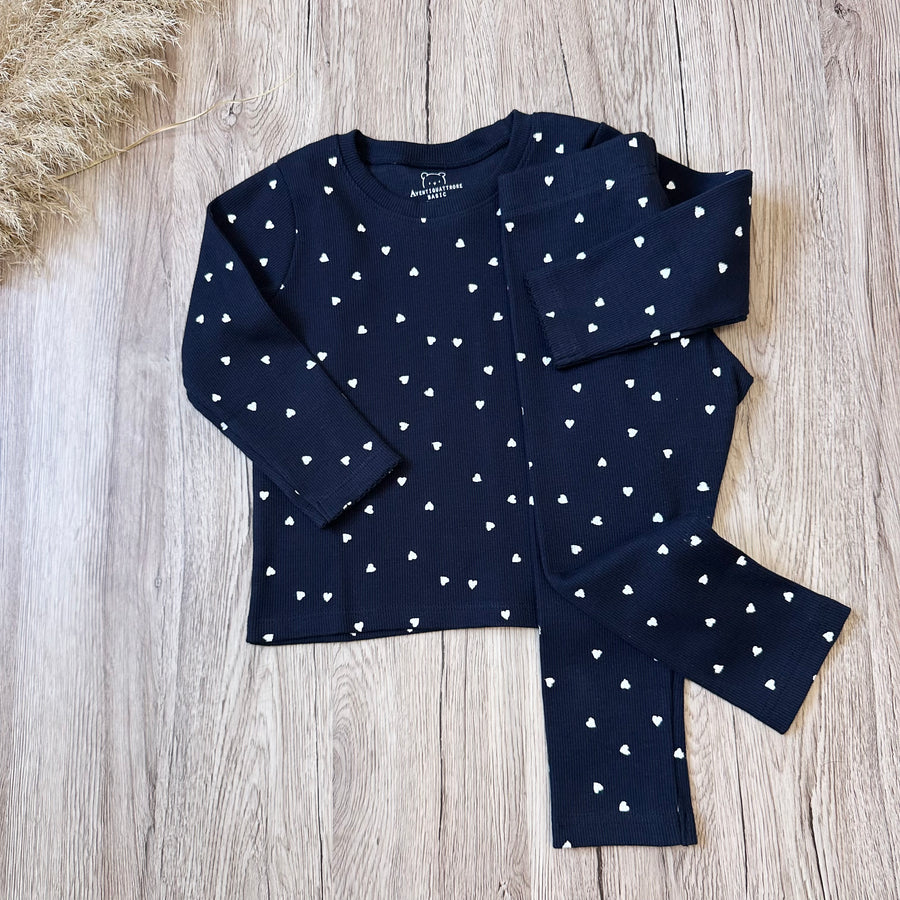Leggings a costina blu notte con cuoricini