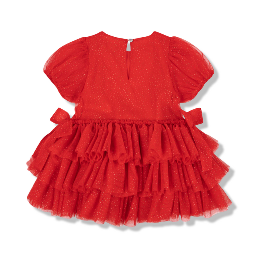 Abito in tulle rosso brillante con sottoveste in cotone organico