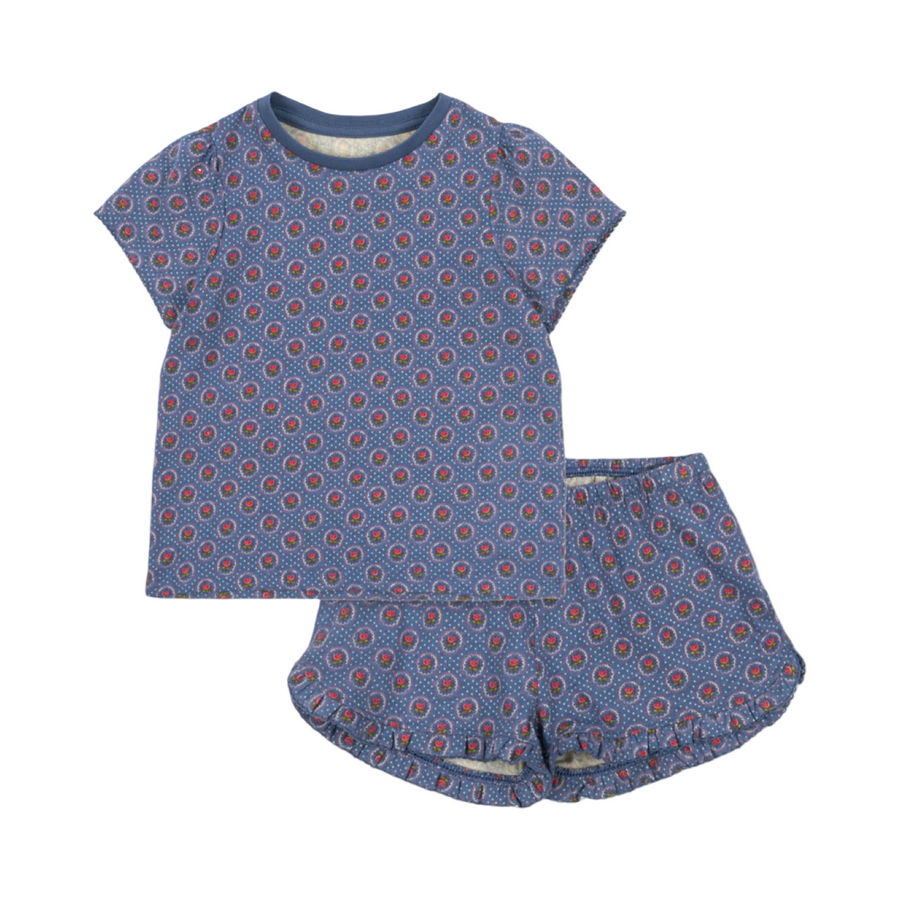 Completo coordinato in cotone organico blu con pois e tulipani – Set facile e versatile