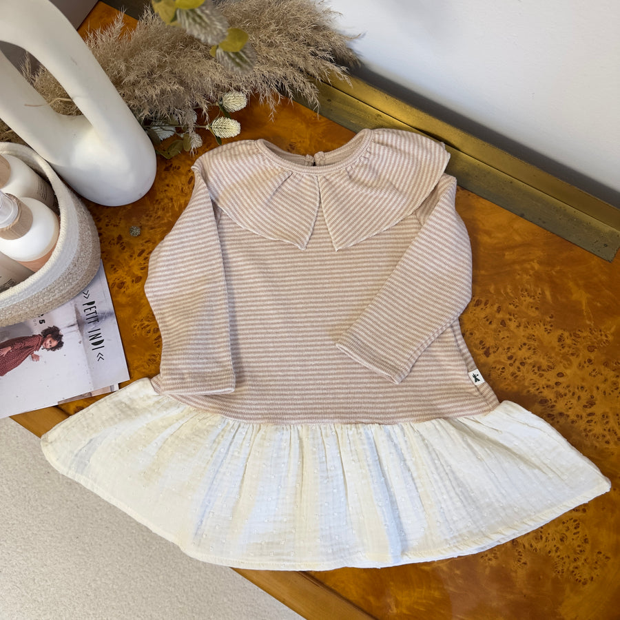 Abito in caldo cotone mille righe rosa polvere e latte - maxi colletto