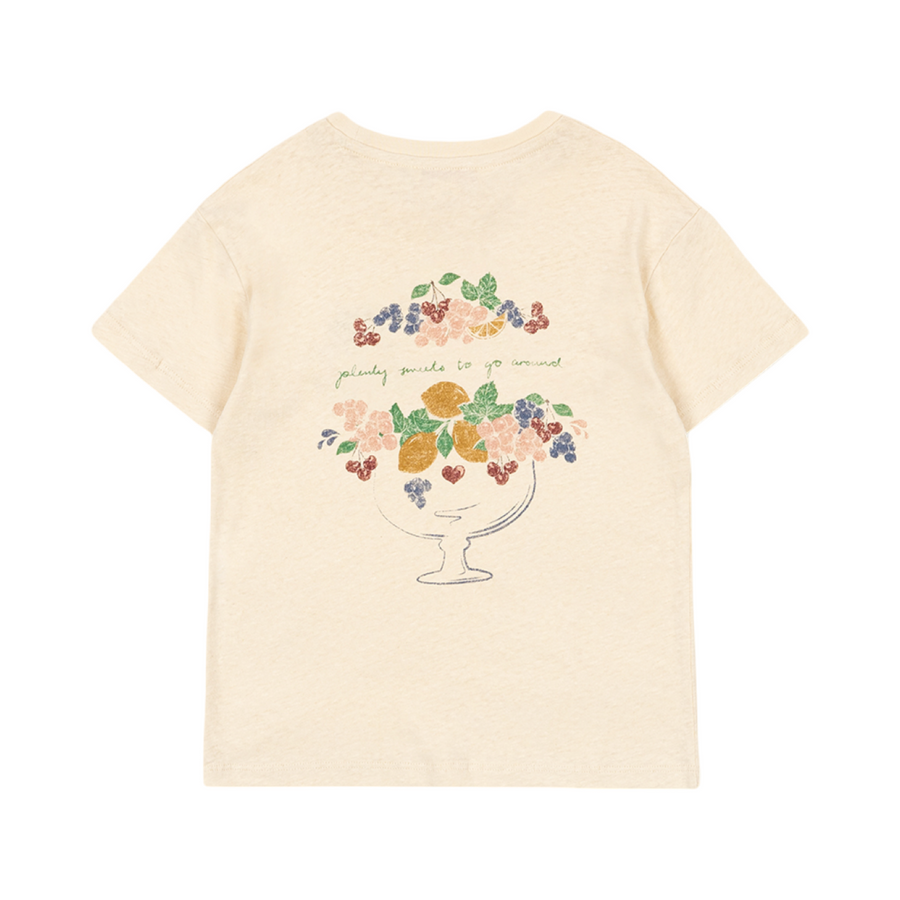 T‑Shirt Giallo Pastello in Cotone Organico e Lino con Stampa Frutta