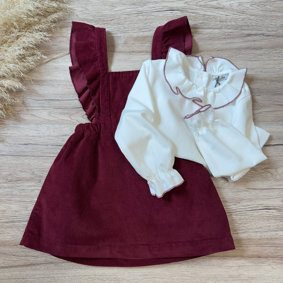 Blusa latte in cotone felpato con colletto bordato borgogna
