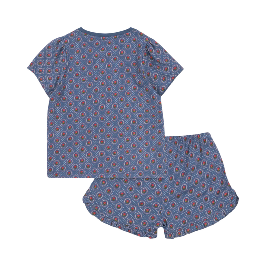 Completo coordinato in cotone organico blu con pois e tulipani – Set facile e versatile