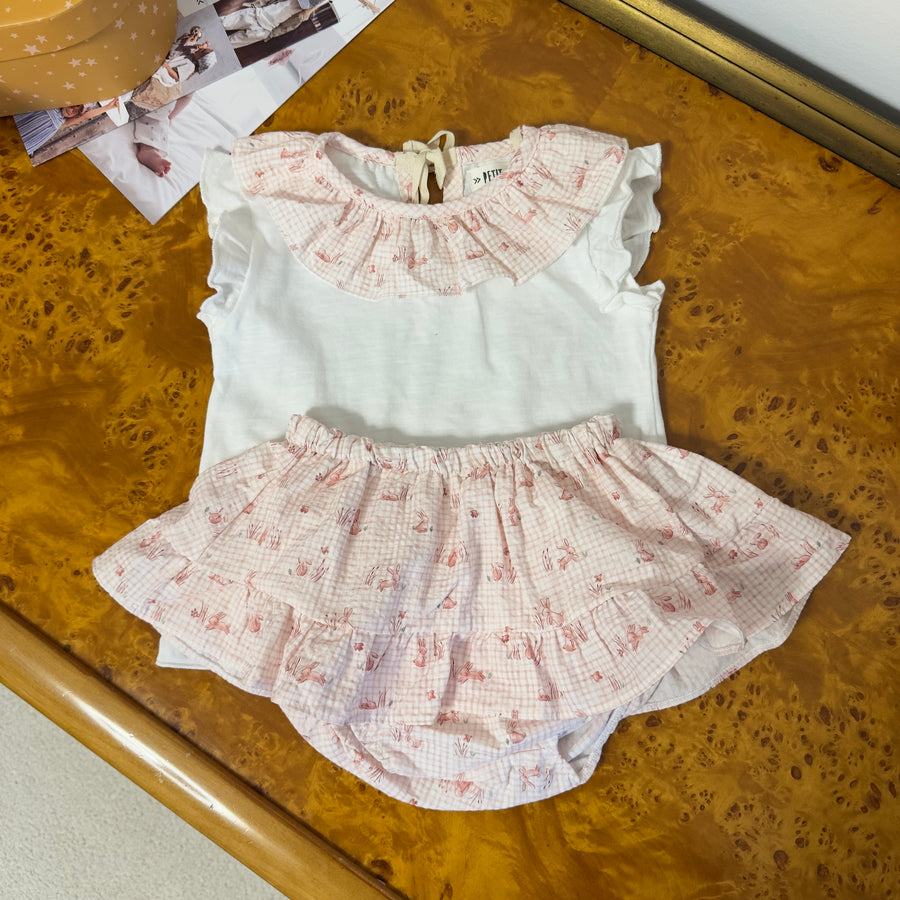 Set completo con bloomer a gonnellina integrata e maglietta con colletto – fantasia coniglietti