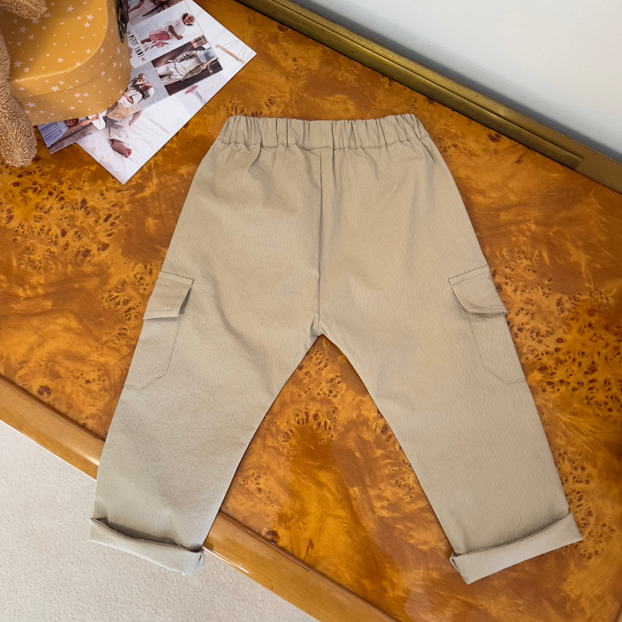 Pantalone Cargo in Seersucker di Cotone Elasticizzato Color Nocciola
