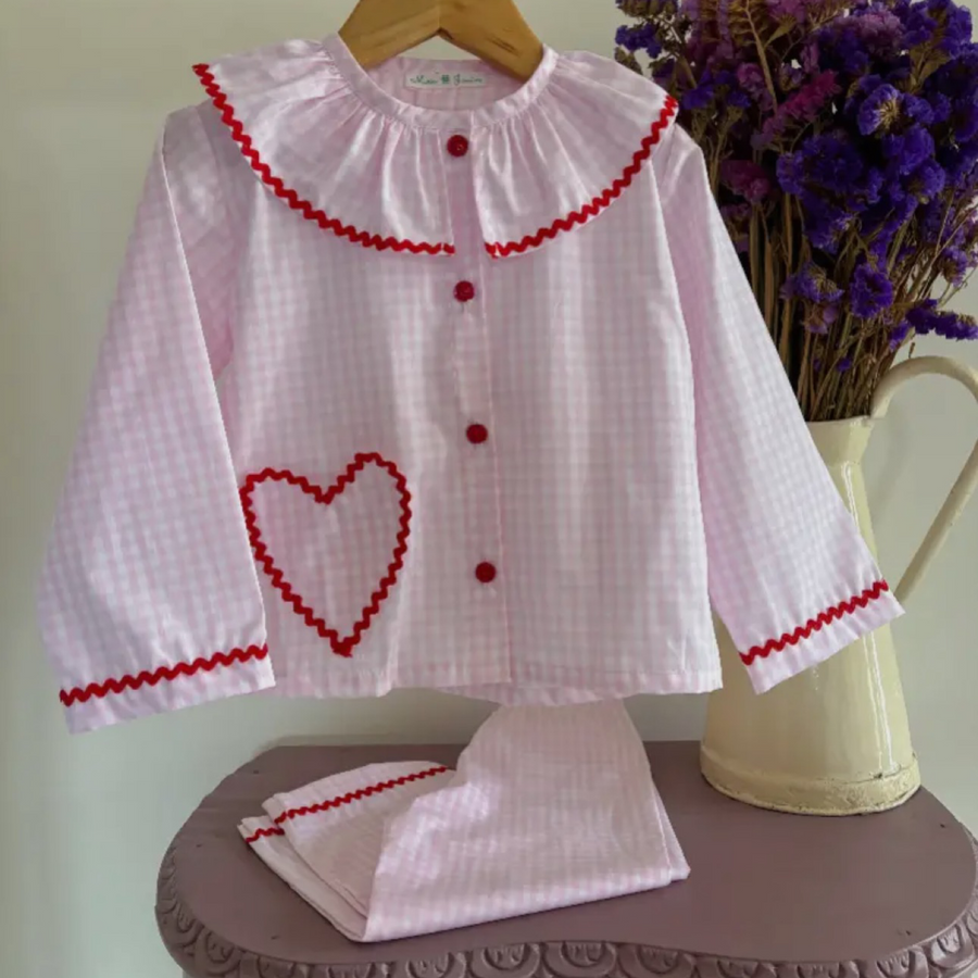 Set stile pigiama in vichy rosa- ricamo cuore sulla tasca