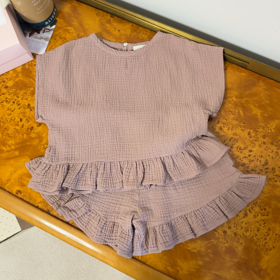 Pantaloncino in mussola di cotone con ruches - cameo rose