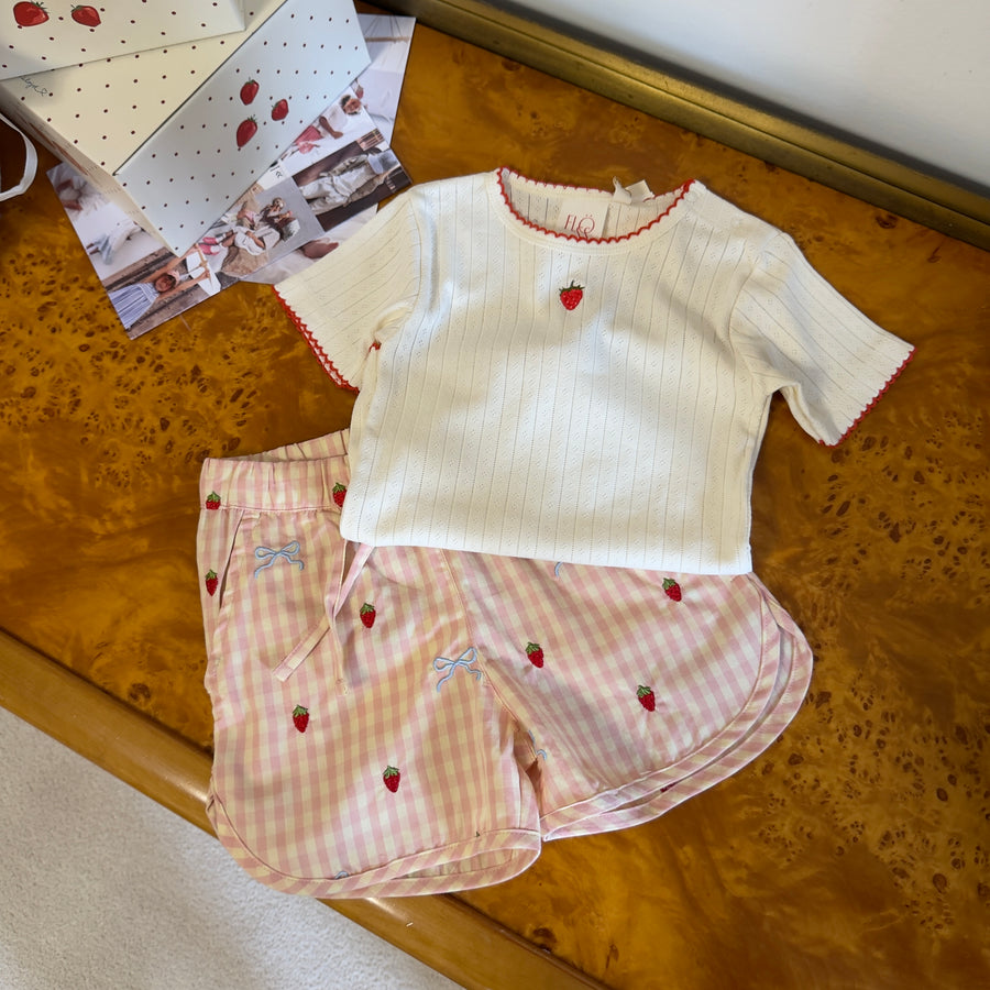 Dolly Bow Shorts in Cotone con Coulisse in Vita, fiocchi e fragole  Ricamati
