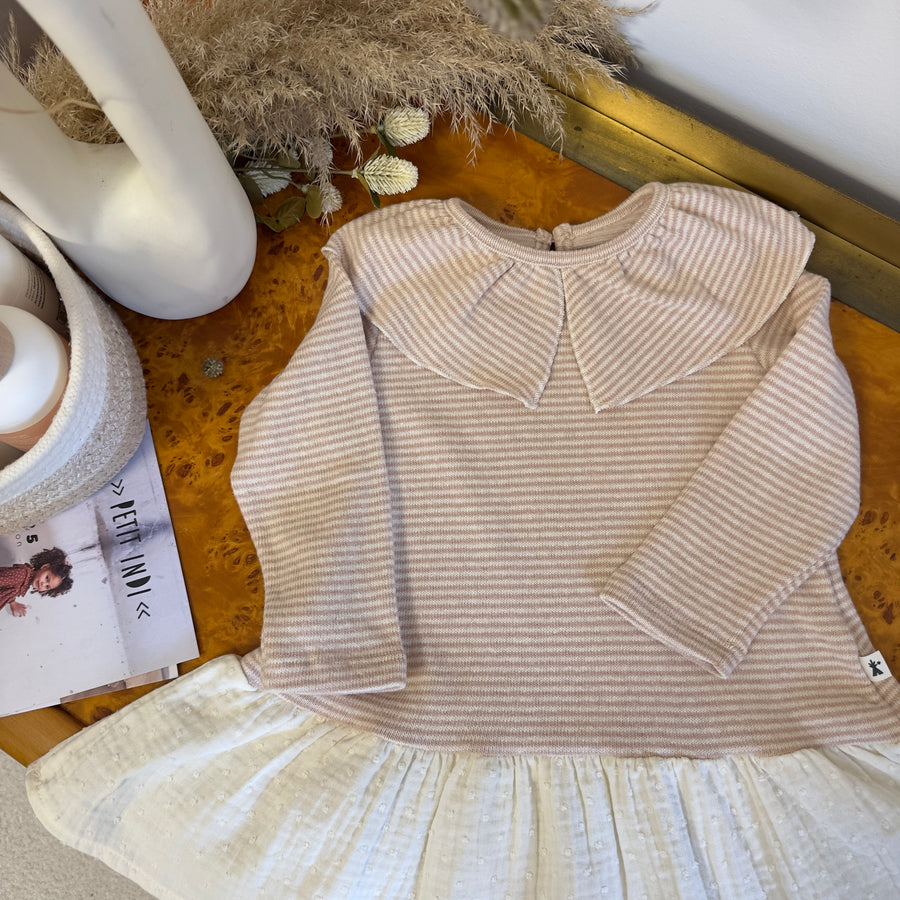 Abito in caldo cotone mille righe rosa polvere e latte - maxi colletto