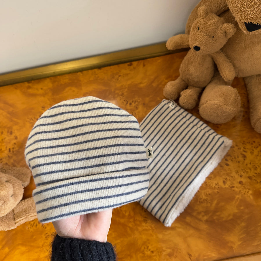 Cappello in caldo cotone mille righe latte e cenere