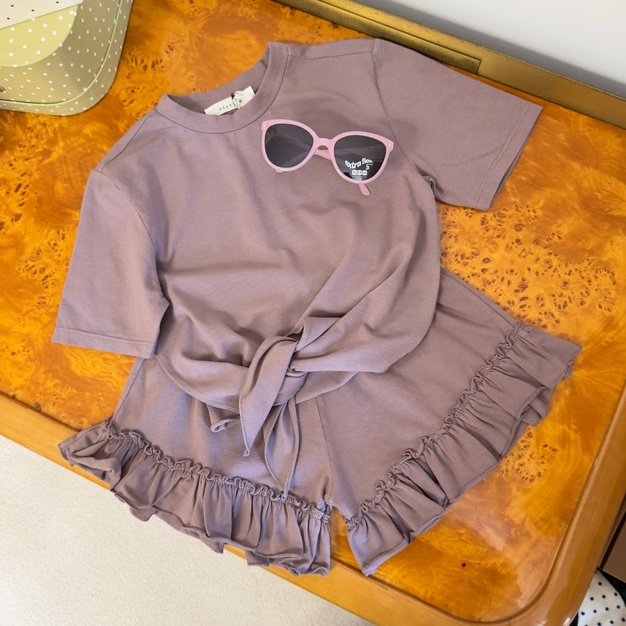 T-shirt malva in jersey di cotone con nodo frontale morbida e versatile