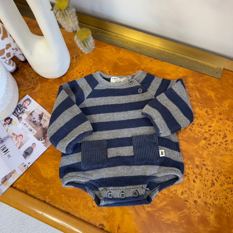 Pagliaccetto in maglia di cotone morbidissimo rigato blu e cenere – comfort assoluto