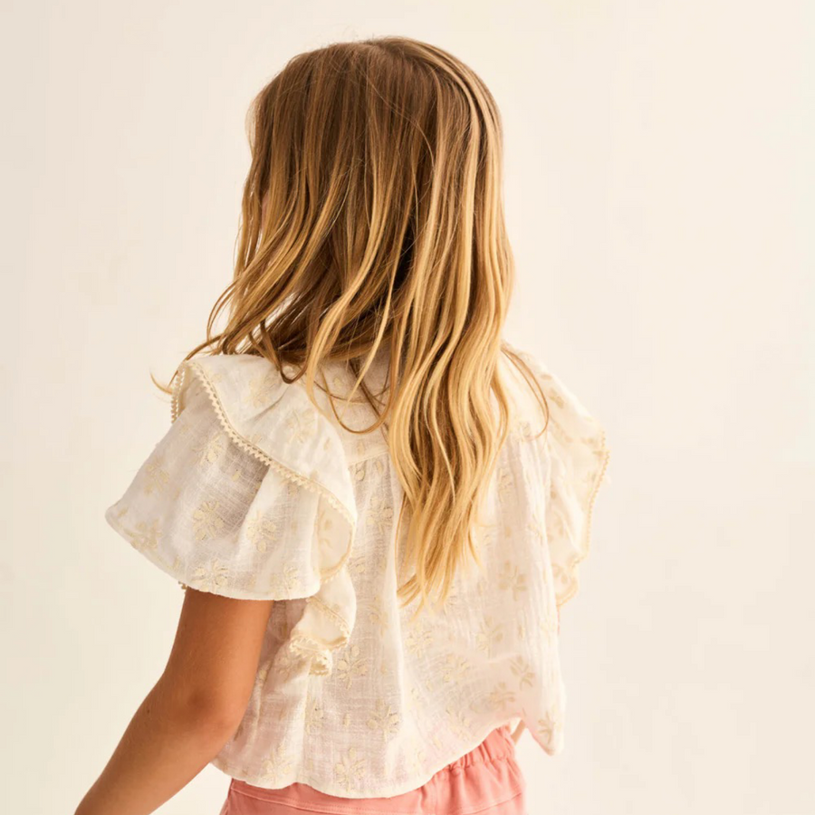 Blusa Tansy bambina in garza di cotone biologico con ricami floreali