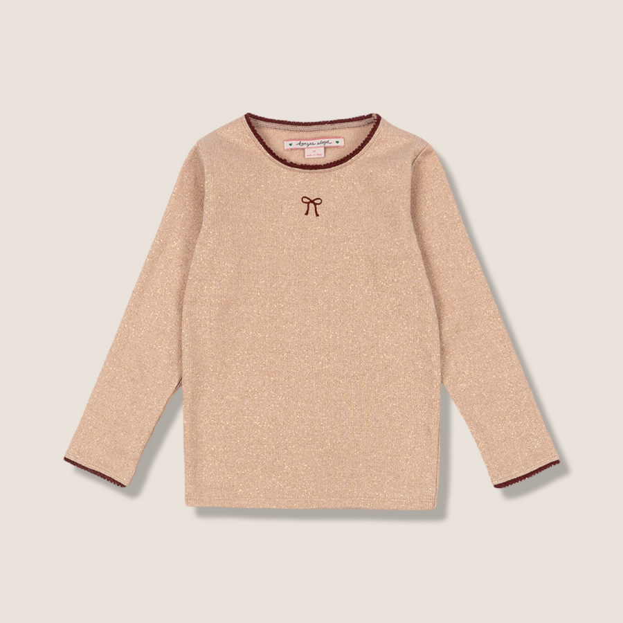 T-shirt manica lunga in morbido lurex pink nude e merletto borgogna