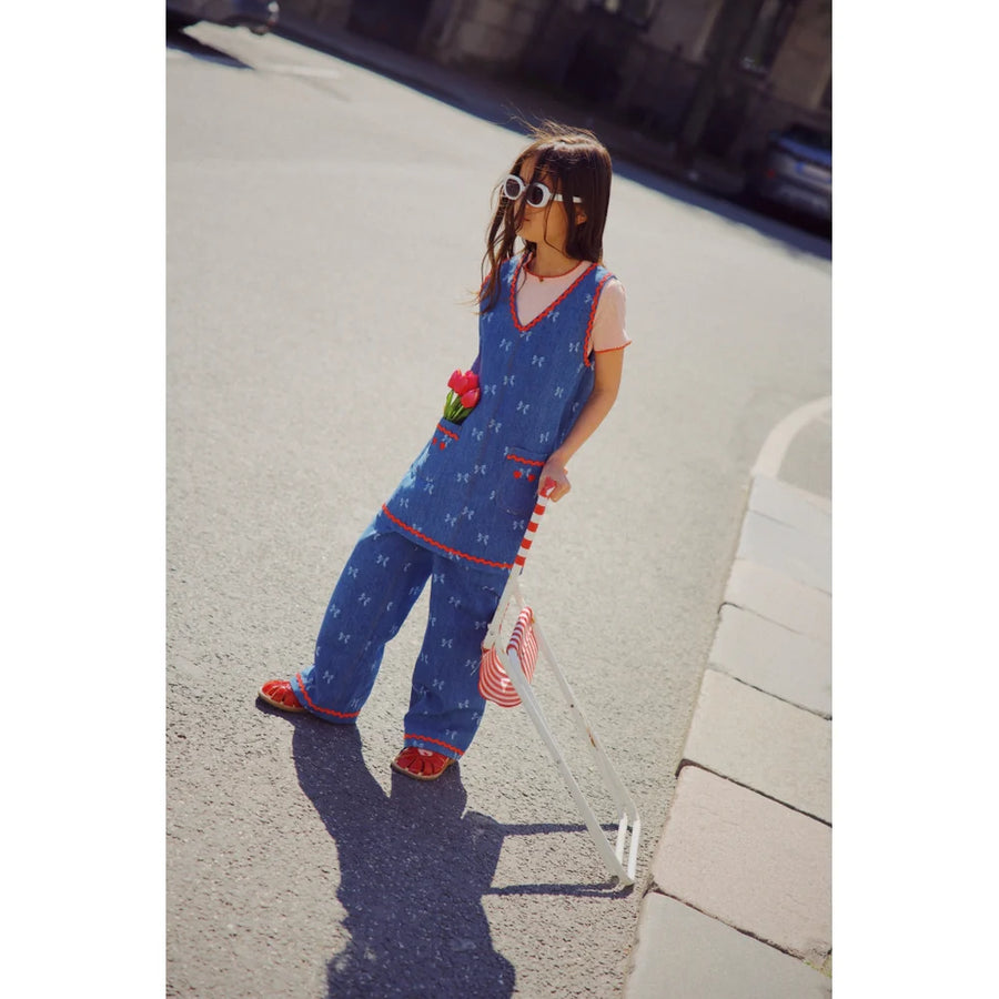 Eva Pants a Palazzo in Blue Denim Morbido con Vita Regolabile