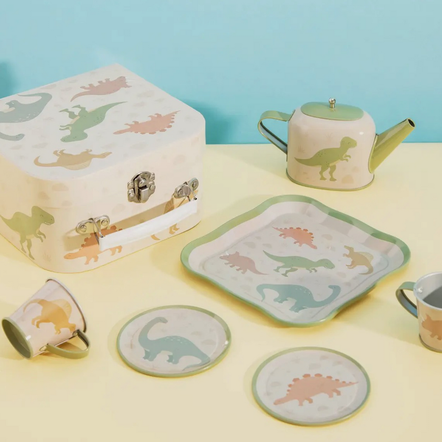 Set da Tè Portatile Fantasia Dino – Valigetta con Teiera, Tazzine e Vassoio