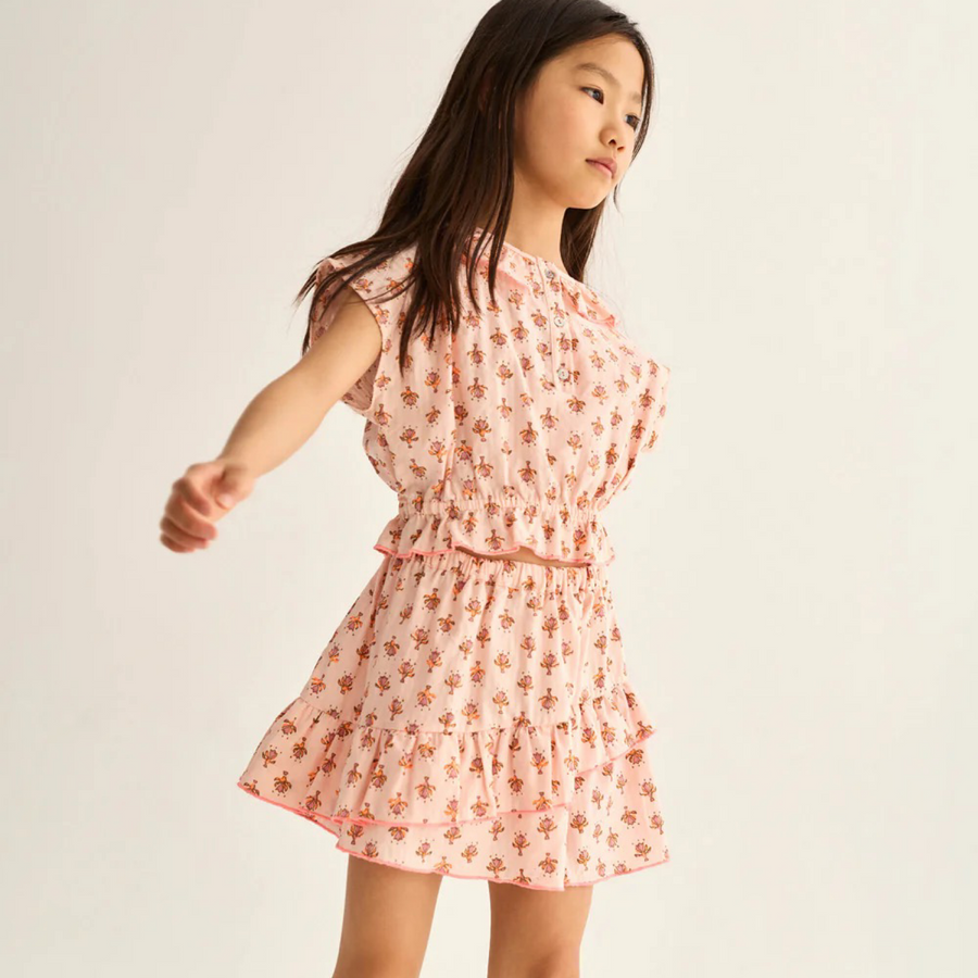 Blusa Indian Flower in cotone biologico con colletto e vita arricciata