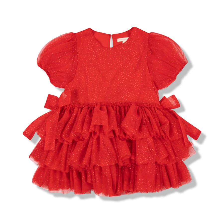 Abito in tulle rosso brillante con sottoveste in cotone organico