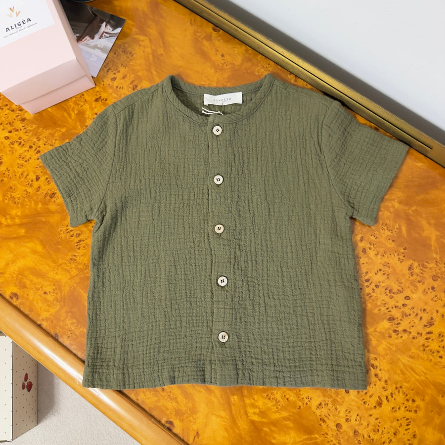 T-shirt bambino in mussola di cotone foresta con bottoncini