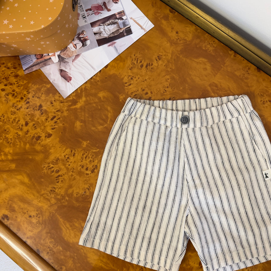 Pantaloncino in misto cotone e lino avorio con righe antracite