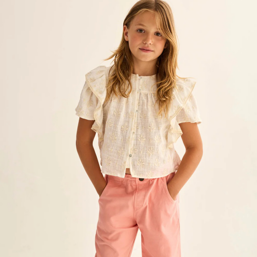 Blusa Tansy bambina in garza di cotone biologico con ricami floreali