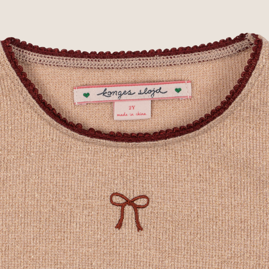 T-shirt manica lunga in morbido lurex pink nude e merletto borgogna