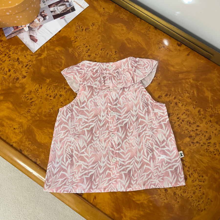 Blusa rosa antico con fantasia a foglie e colletto particolare – versatile e facile da abbinare