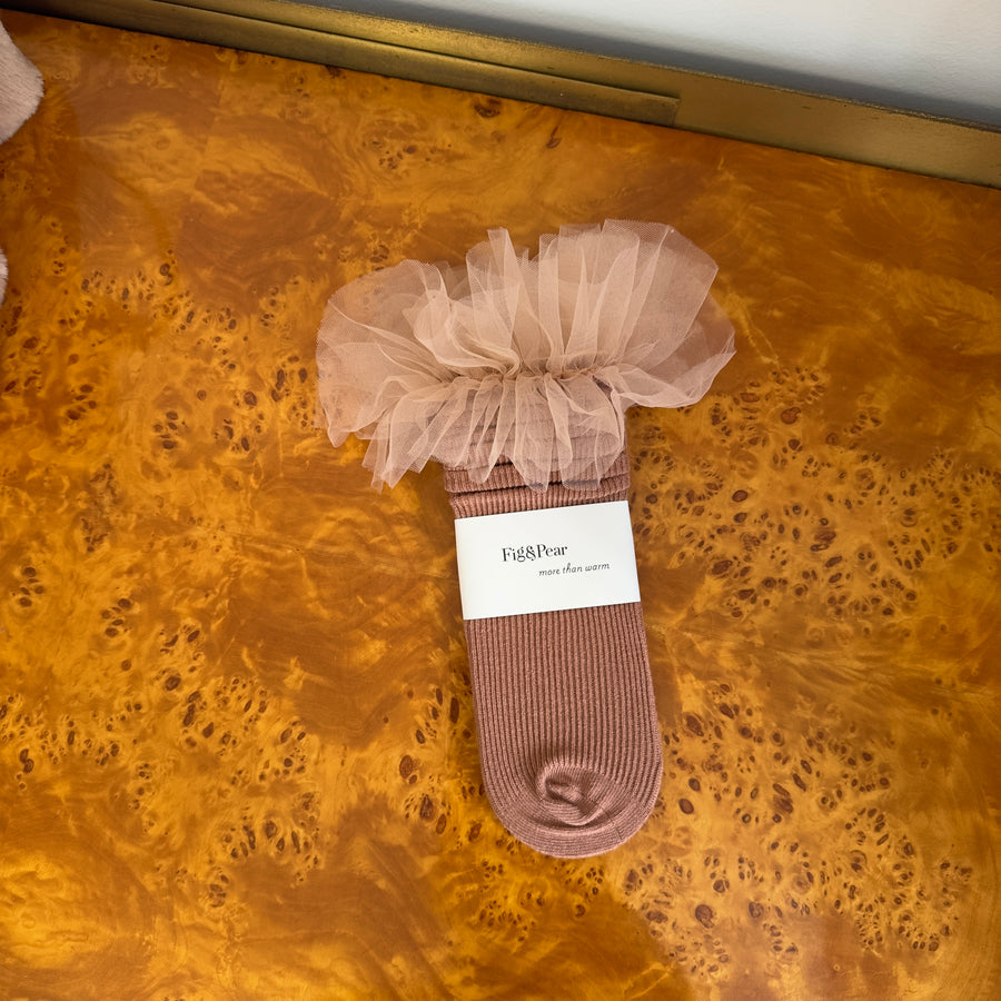 Calze al ginocchio in cotone a costina - dettaglio in tulle-rosa antico