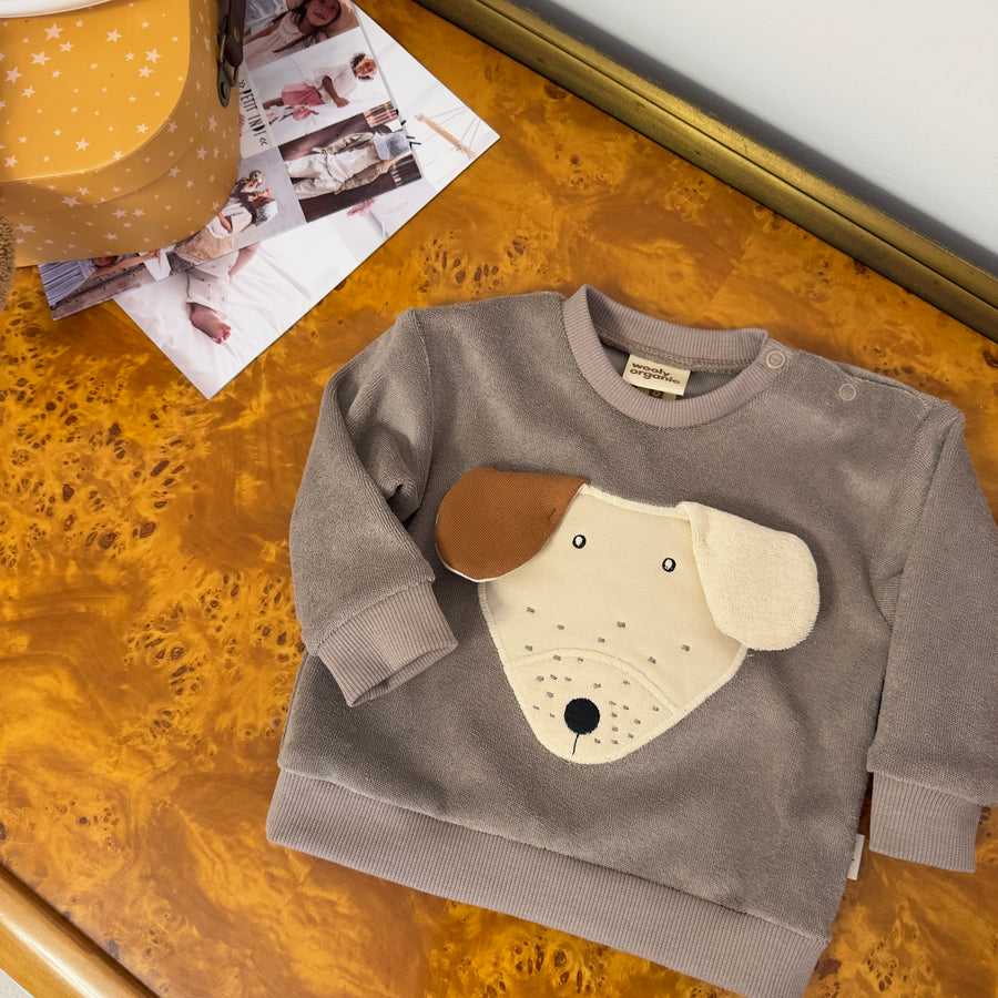 Felpa in Spugna di Cotone Organico con Cagnolino 3D – Taupe
