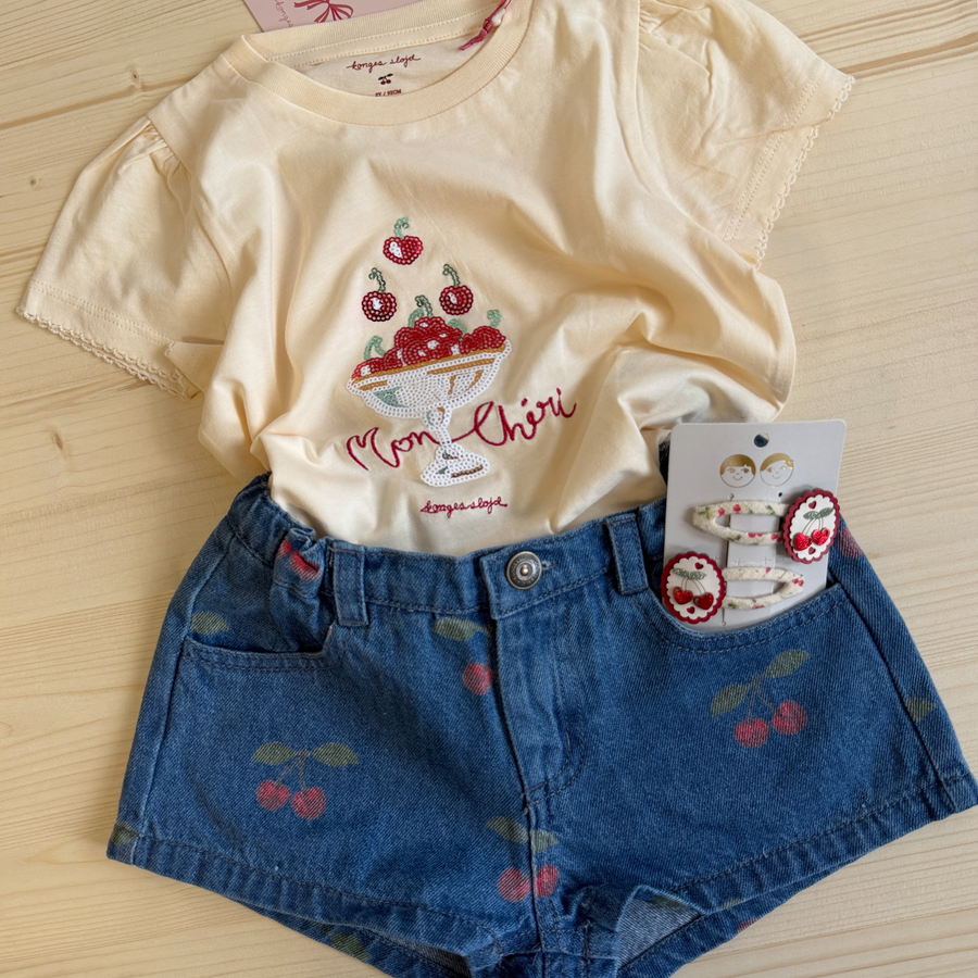 Pantaloncini in denim di cotone organico con ciliegie
