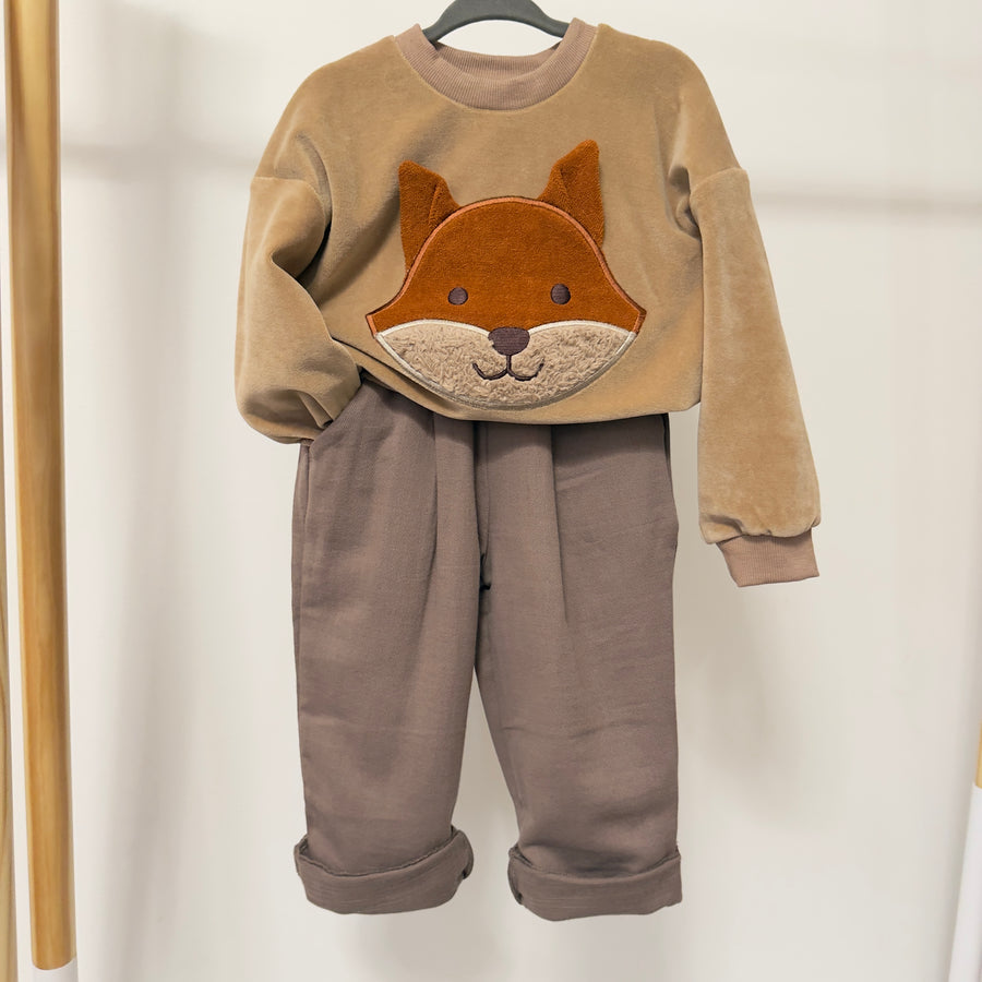 Maglia in ciniglia di cotone organico con volpe -stucco