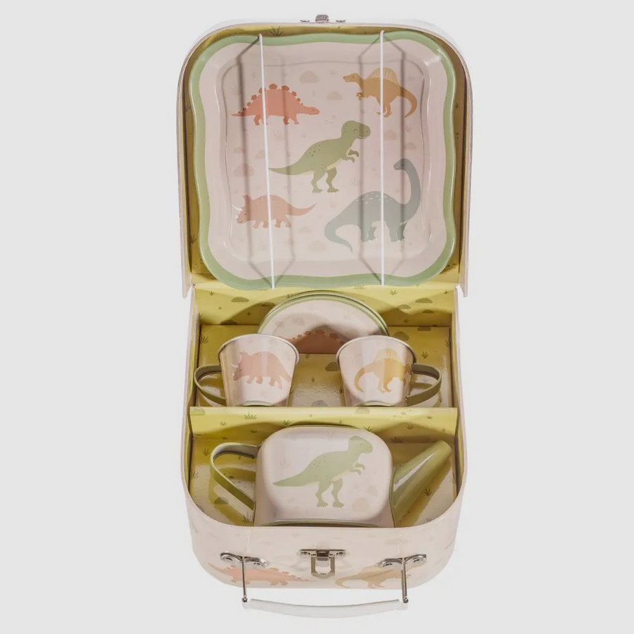 Set da Tè Portatile Fantasia Dino – Valigetta con Teiera, Tazzine e Vassoio