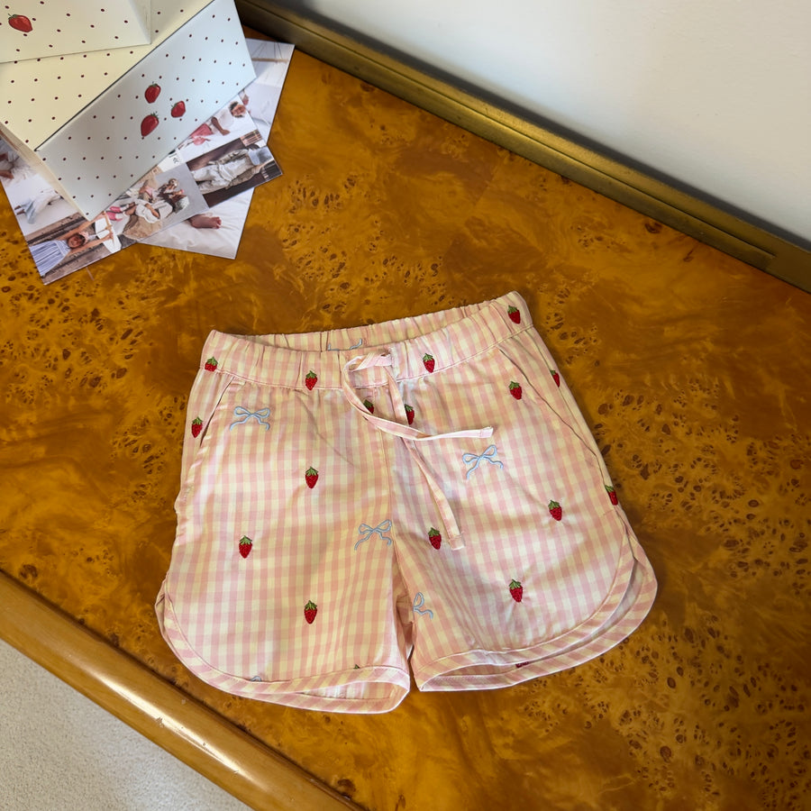 Dolly Bow Shorts in Cotone con Coulisse in Vita, fiocchi e fragole  Ricamati