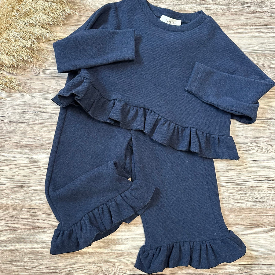 Pantalone in caldo cotone blu notte con ruches