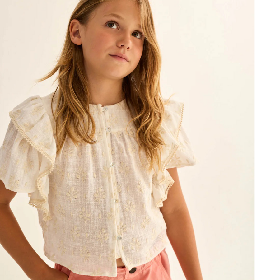 Blusa Tansy bambina in garza di cotone biologico con ricami floreali