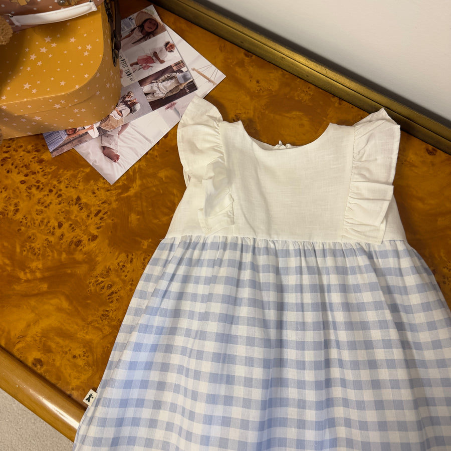 Abitino combinato in cotone latte e cielo con ruches sulle maniche