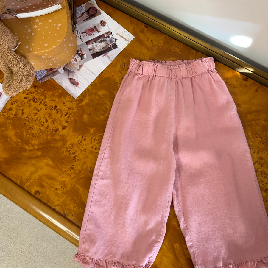 Pantalone in lino e viscosa color pink con ruches sul fondo – Morbido, fresco e romantico