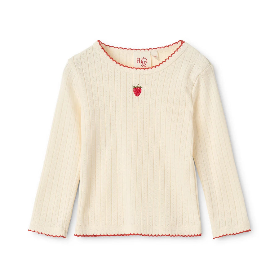 Flora Pointelle Blouse Traforata con Fragola Ricamata -Gentle Cream