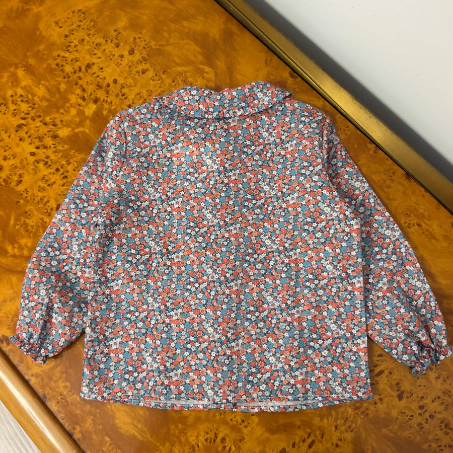 Camicia in Cotone a Fiori con Colletto a Balza -Azzurro e Terracotta