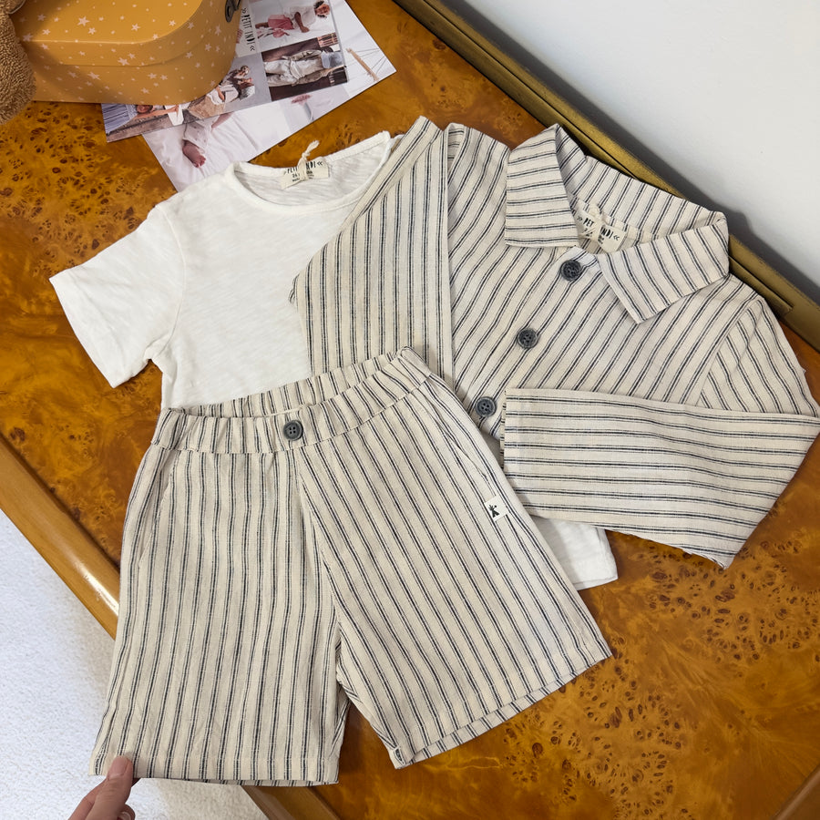 Pantaloncino in misto cotone e lino avorio con righe antracite