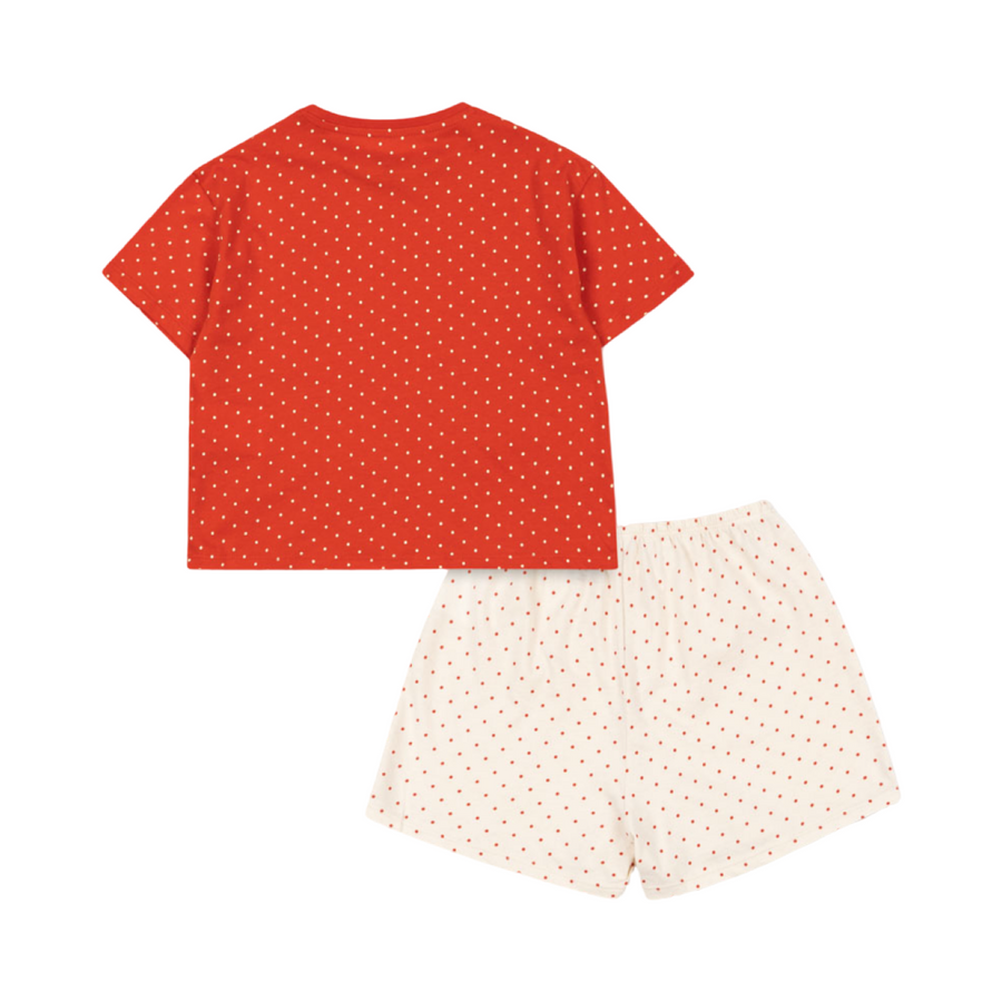 Completo in Cotone Organico con Pois – T-Shirt Rossa con Cagnolino e Pantaloncino Avorio Coordinato