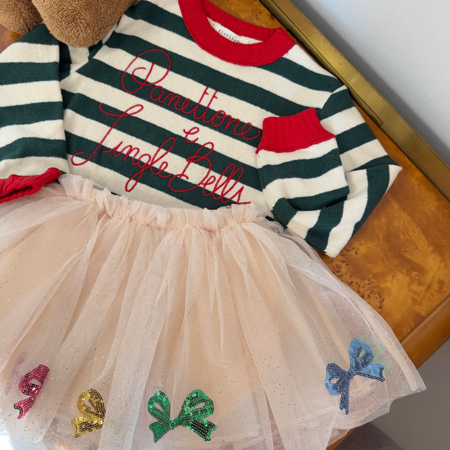 Maglione in caldo cotone con ricamo Panettone e Jingle Bells - riga pino