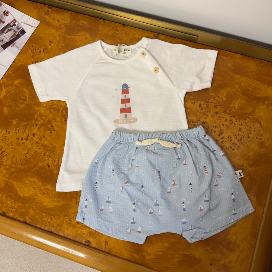 Set Completo T-shirt Giraffa & Elefante con Pantaloncini Coordinati in Tonalità Terra