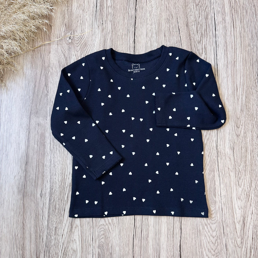 tshirt ml a costina blu notte con cuoricini bianchi -dolcezza e comfort ogni giorno