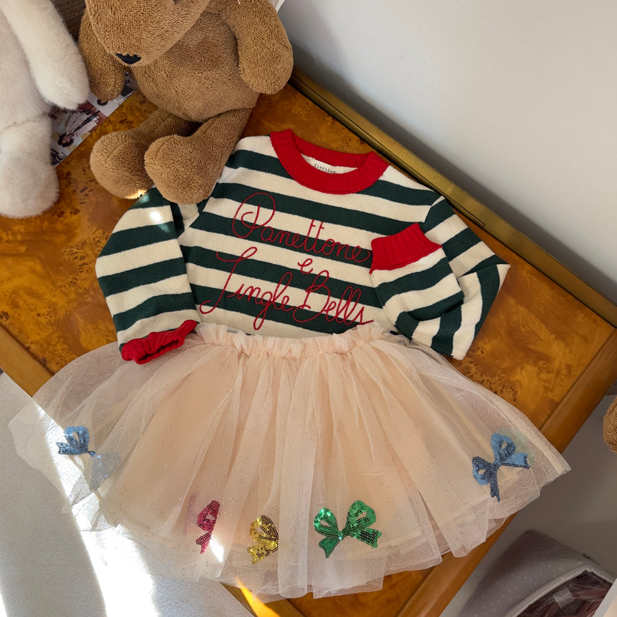 Maglione in caldo cotone con ricamo Panettone e Jingle Bells - riga pino