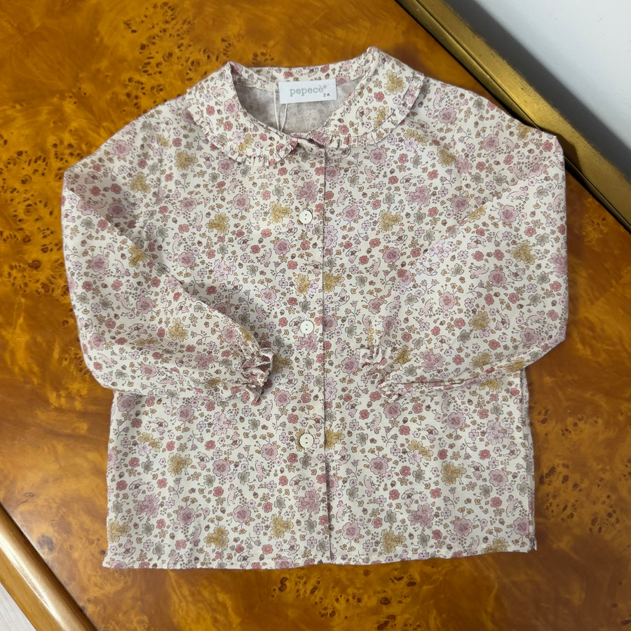 Camicia in Cotone a Fiori con Colletto a Balza -Fiori su Fondo Panna